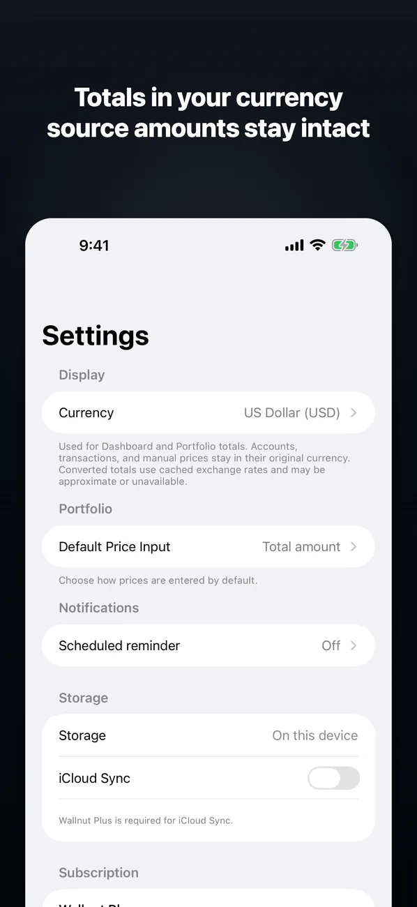 Wallnut settings and sync screen